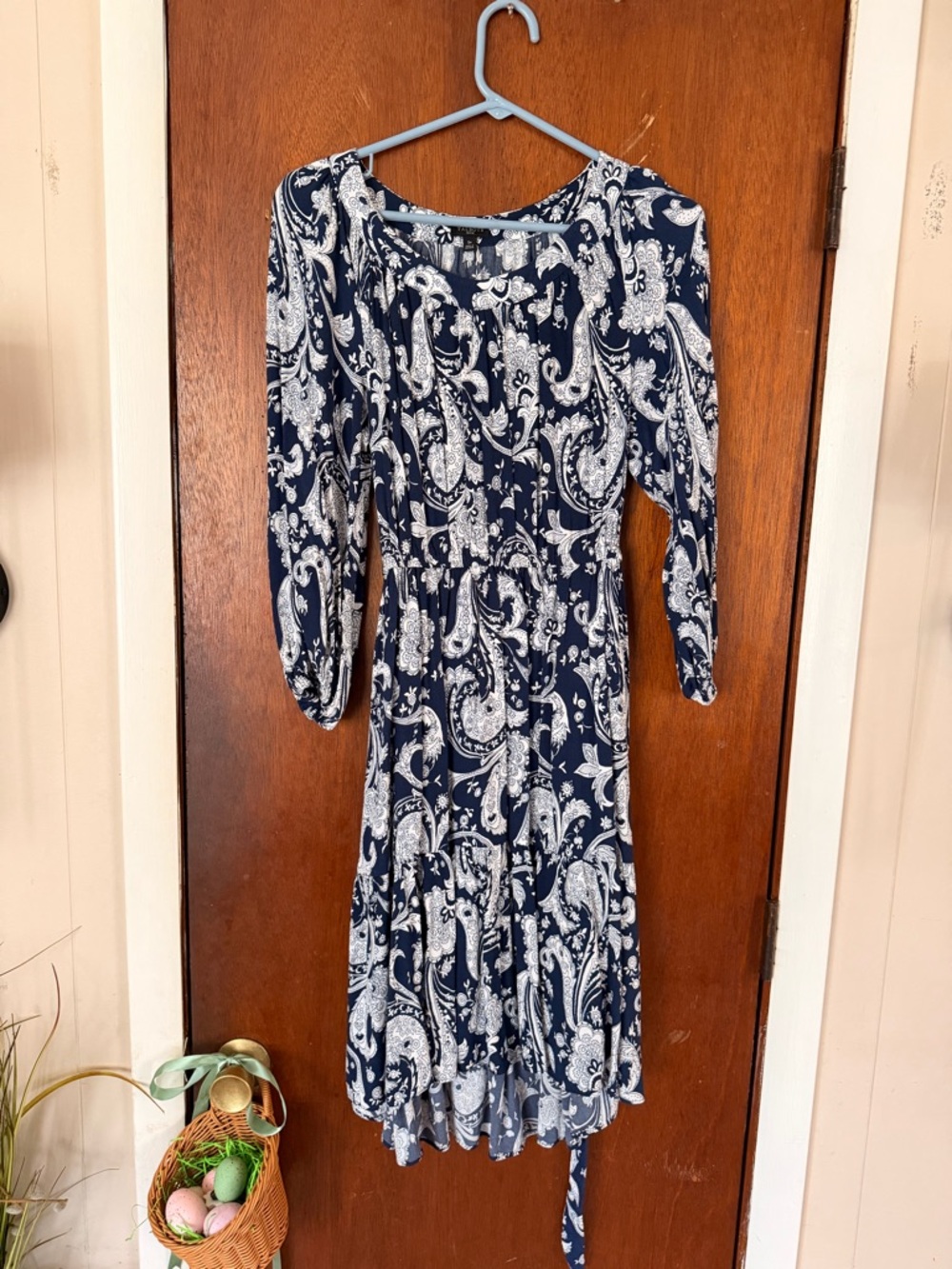 Talbots Navy and White Paisley Long Sleeve Midi Dress with Tie Waist